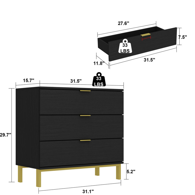 Spurlin 31.5" W 3-Drawer Dresser, Black