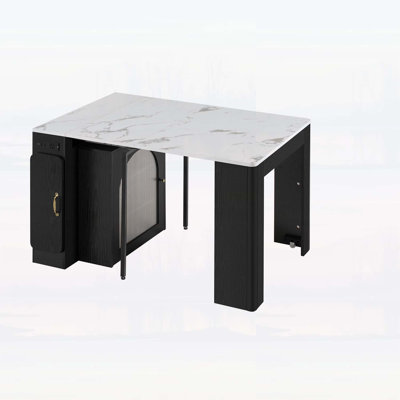 Extendable Dining Table with 3 Removable Leaves, Mobile Island with Power Outlet, Storage Cabinet for Dining and Living (BLACK AND MARBLE WHITE)