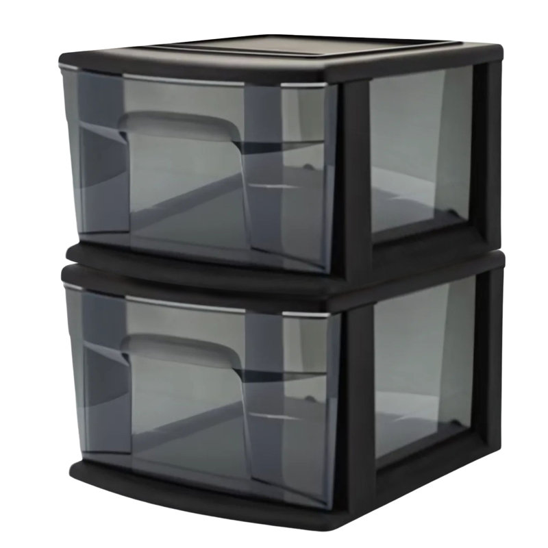 Homz Plastic 1 Drawer Wide Storage Cart, Black Frame with Clear Drawer, 2 Pack, Wide Body, Black frame with clear drawers