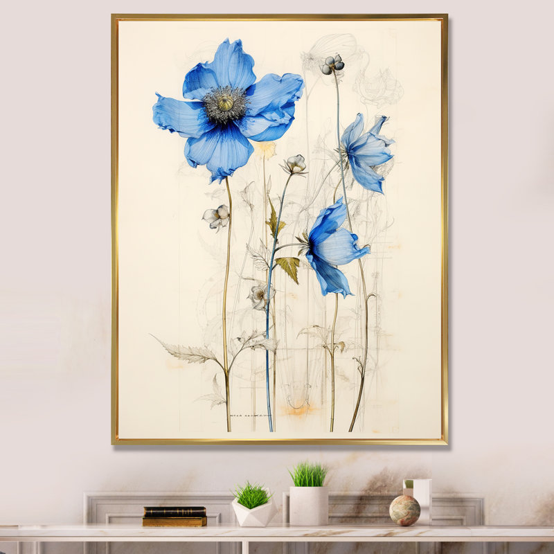 Illustration rétro de marguerite bleue encadrée sur toile, H 40 po x l 30 po, Cadre flottant doré