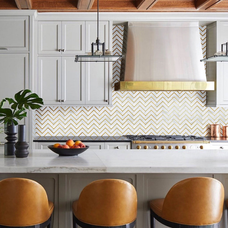 Natural Bianco 1" x 3" Marble Chevron Mosaic Wall Tile, White/Gold