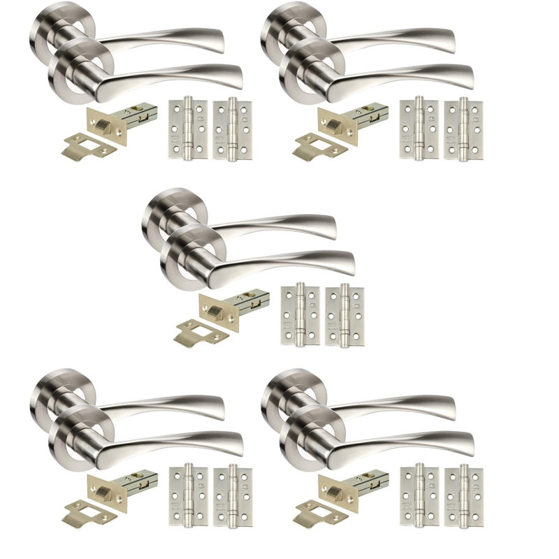 Golden Grace 5 Pairs Twist Astrid Style Modern Door Handles Set Lever Latch on Round Rose with Ball Bearing Hinges and 64mm Tubular Latch