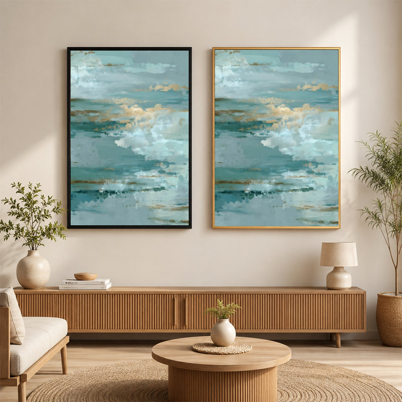 Toile abstraite sarcelle texturée or avec cadre flottant, bleu sarcelle, prête à être accrochée, 20 x 30 po, Beige