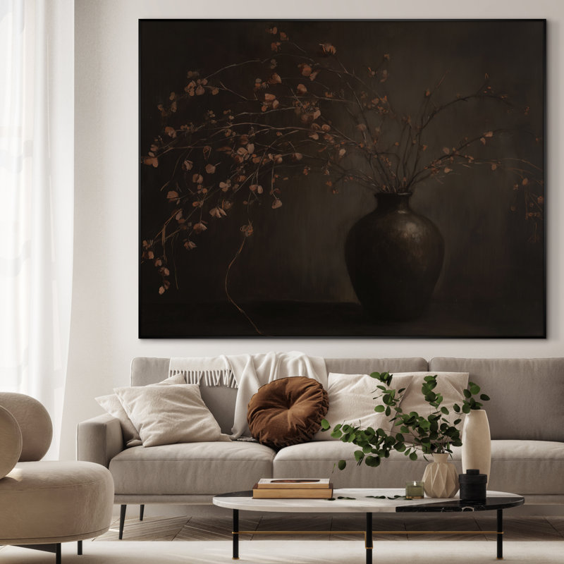 Très grand art mural imprimé sur toile - Nature morte botanique foncée avec vase brun et branches séchées, œuvre d'art pour le salon ou la chambre à coucher