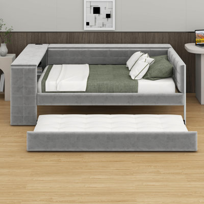 Lit tapissier double (conception plateforme) - tablettes de rangement, bureau, station de charge et lit gigogne