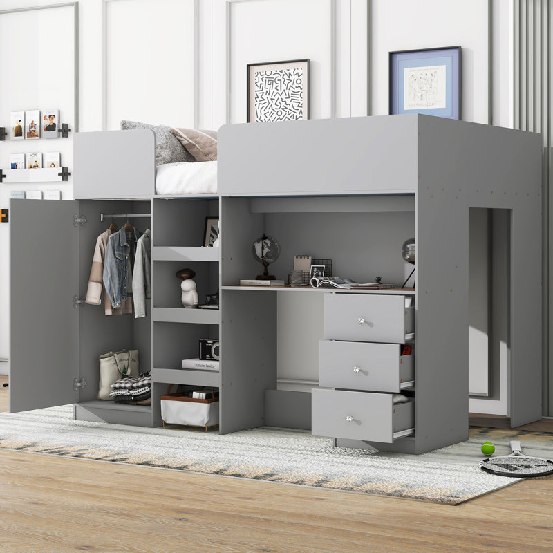 Lit mezzanine en bois avec garde-robe intégré, Gris