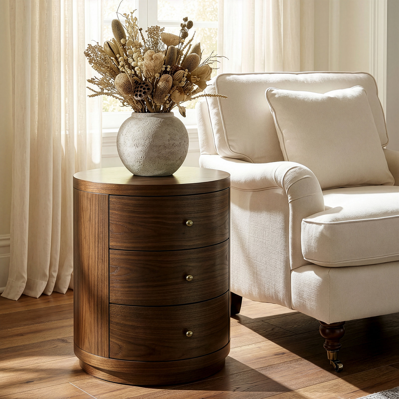 Celine 22 in. Round 3-Drawer Nightstand, Walnut Brown