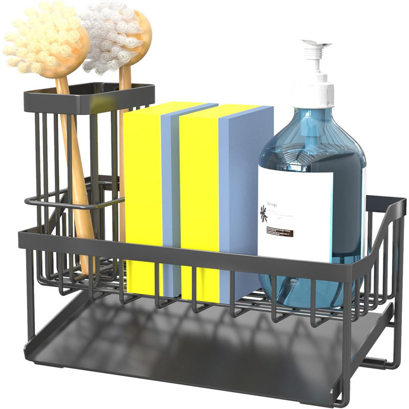 Évier de cuisine avec porte-brosse, organisateur d'évier de cuisine Cocina et porte-éponge à savon avec plateau de drainage automatique en acier inoxydable