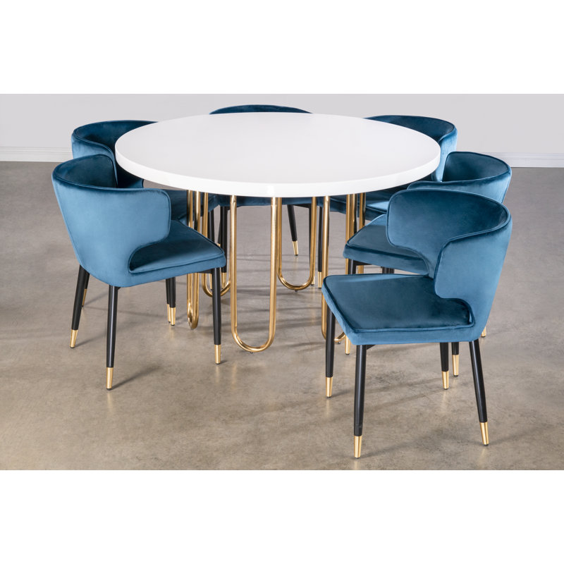 Koichiro 7-Piece Solid Wood Dining Set with Jacksonport 51" Round White Wood Dining Table and 6 Velvet Curved Chairs – Gold and White Modern Glam Dining Set