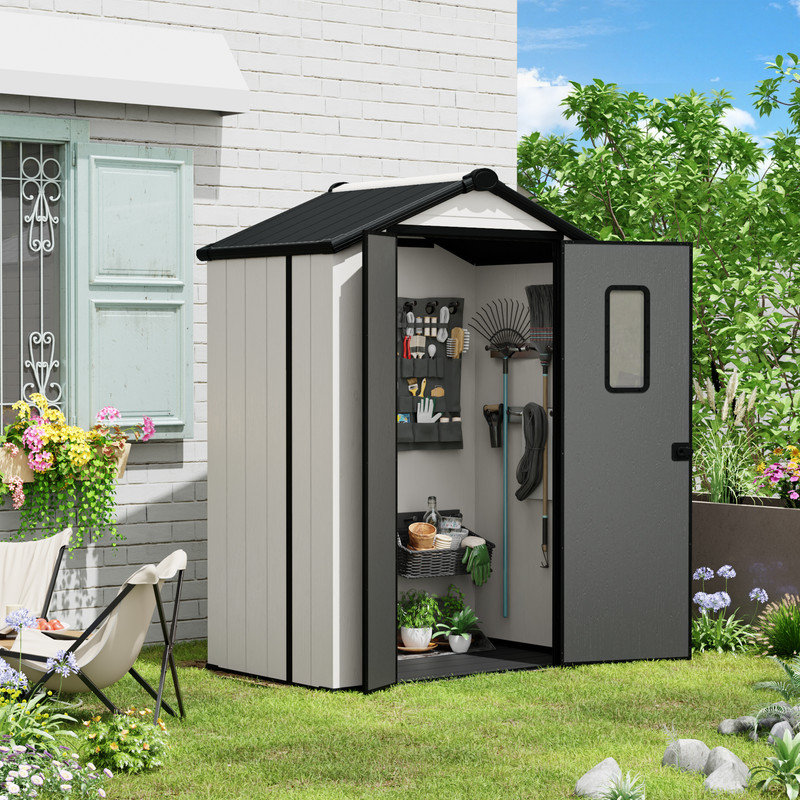 Modern Durable Resin Outdoor Storage Shed With Floor and Double Doors, 7' H x 5' W x 3' D