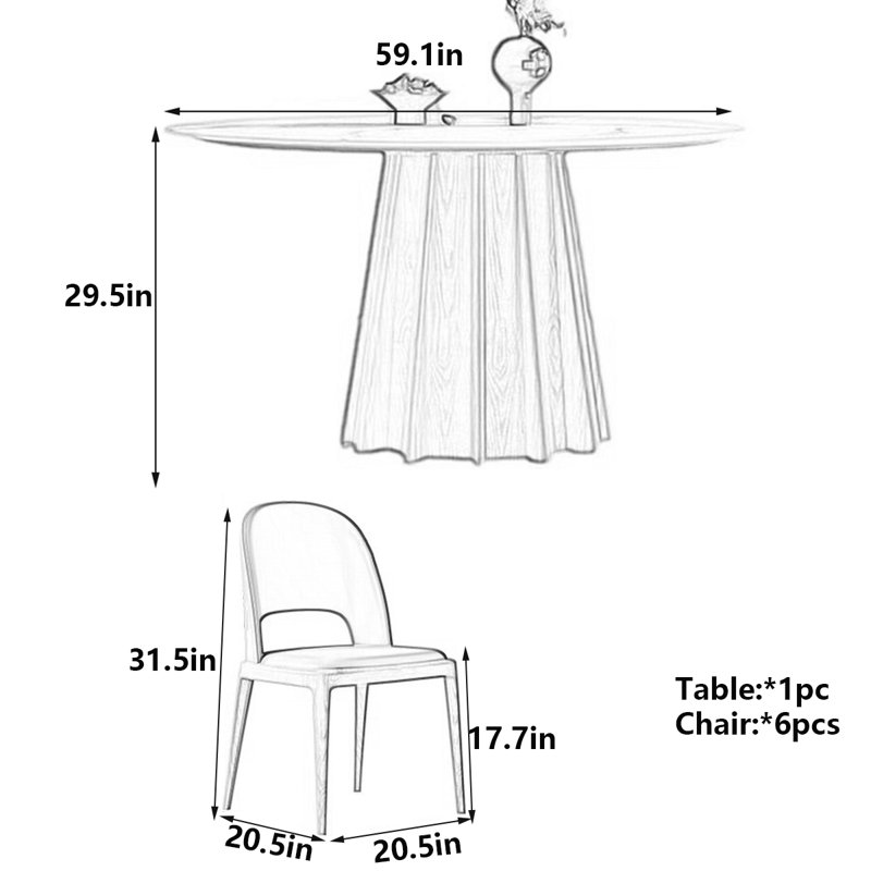Table de salle à manger Nordic, 7, H 29,5 po x L 59,1 po x l 59,1 po