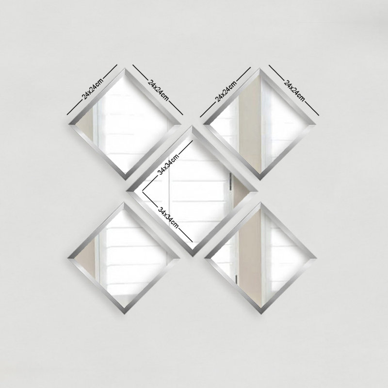 Ensemble de miroir élégant 5 pièces, finition argent, 9,4 x 9,4 pouces (4 pièces) et 13,4 x 13,4 pouces (1 pièce) | 100% verre avec cadre en plastique stratifié, 0,16 pouce d'épaisseur | Parfait pour la décoration intérieure et l'esthétique moderne