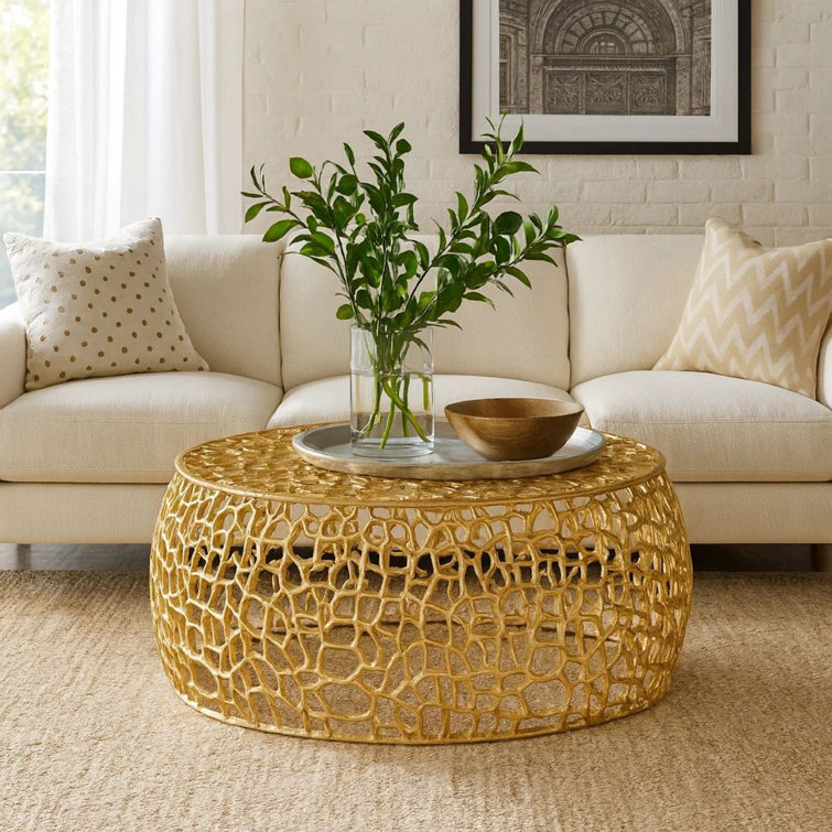 Table basse, conception de filet de socle rond de 28 pouces, structure ouverte en métal doré