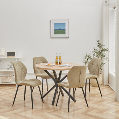 Modern Simple Round Solid Wood Dining Table Set - Set Of 4 Diamond Pattern Velvet Dining Chairs - Metal Legs - For Living Room/Bedroom