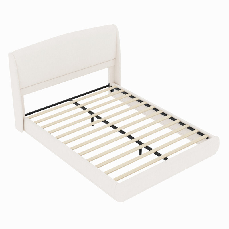 Upholstered Queen Bed Frame With Wingback Headboard, Low Profile Platform Bed With Padded Headboard, Beige
