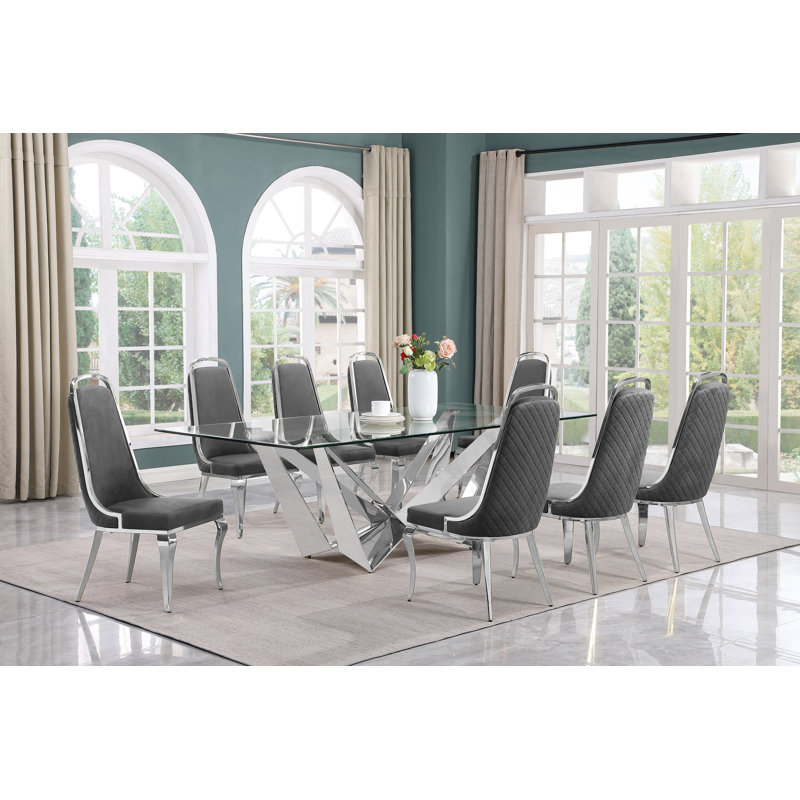 Khailee Glass Top Double Pedestal Dining Set, Dark Gray/Siver, 9, Silver