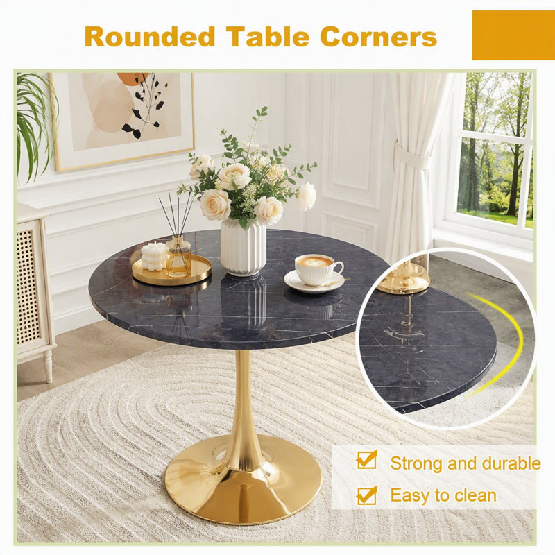 Table tulipe ronde 31,5 pouces avec plateau en faux marbre, Or / gris