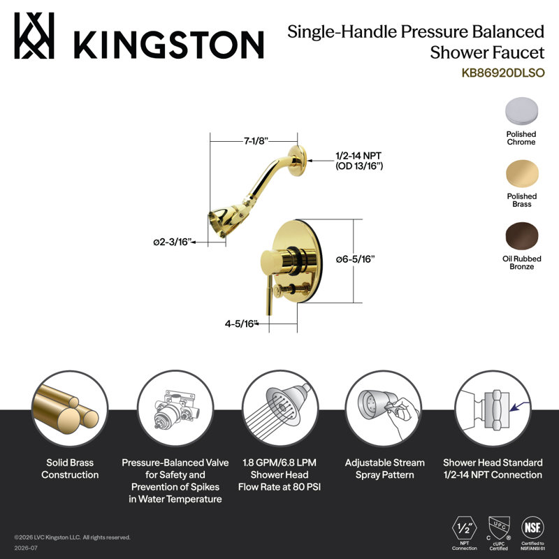 Robinet de douche à pression équilibrée à poignée simple avec poignée inverseur Kingston Brass, Chrome poli