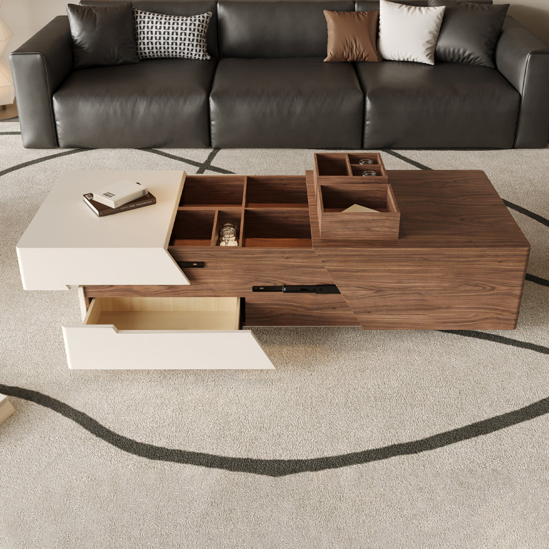 Table basse moderne extensible à 2 tons avec rangement caché, finition noyer et crème