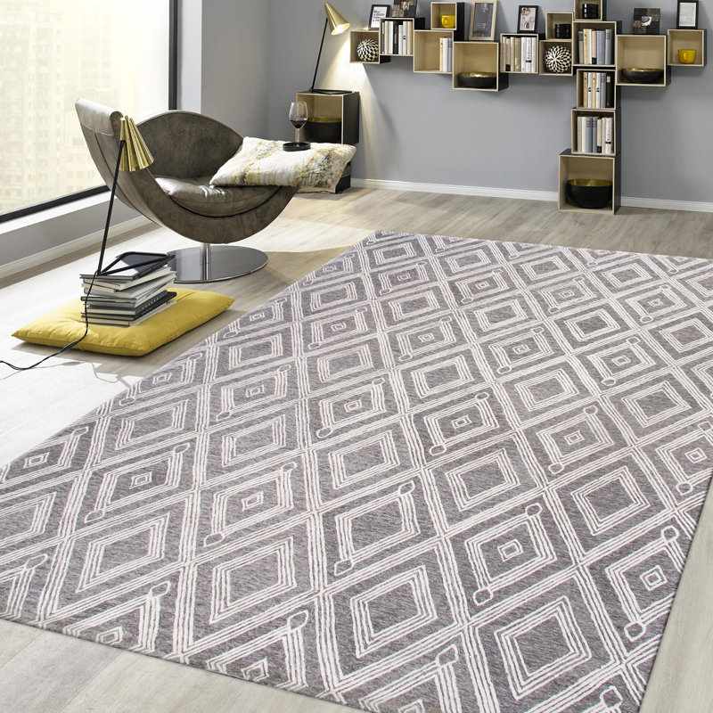 Modern Hand Tufted Geometric Area Rug in Silver / Ivory, Rectangle 12' x 15'