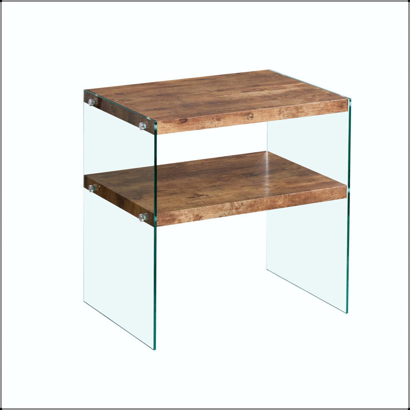 Table d'appoint en noyer et panneau de fibres à densité moyenne avec plateau en verre trempé