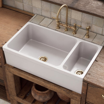 Whitehaus 36" Reversible Large and Small Bowl Fireclay Kitchen Sink: 2-1/2” Lip Front Apron