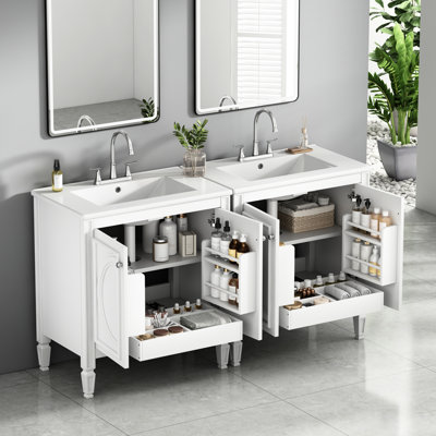 Meuble-lavabo de 60 po avec lavabo double, bois massif et construction, métal céramique imperméable, rangement réglable, charnières à fermeture en douceur, style rétro