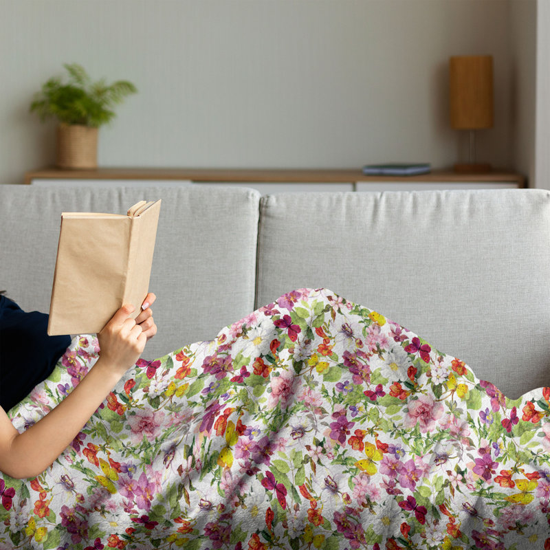 Hand Woven Throw Blanket, 70" x 90", Reseda Green/Pale Coffee Floral