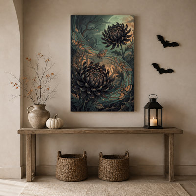 " Dark Chrysanthemum and Moths in Moonlit Forest Halloween " Painting