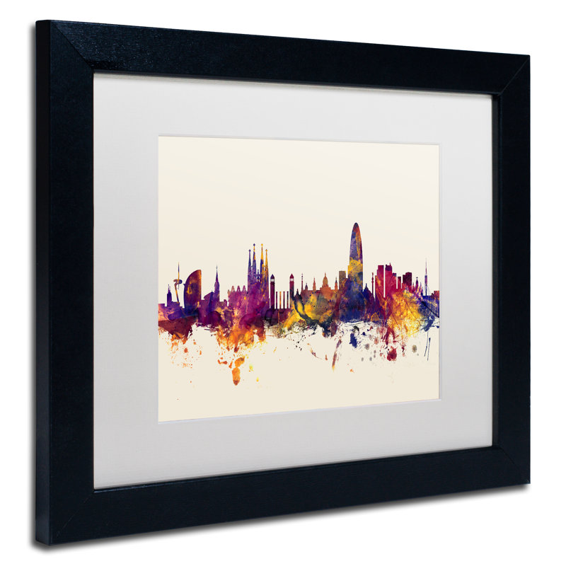 "barcelone espagne horizon" , impression encadrée, H 11 po x l 14 po x P 0,5 po, Blanc, Cadre noir