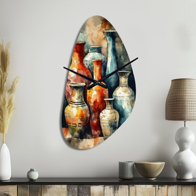 Grande sculpture d'horloge murale orange et verte Boho Pottery