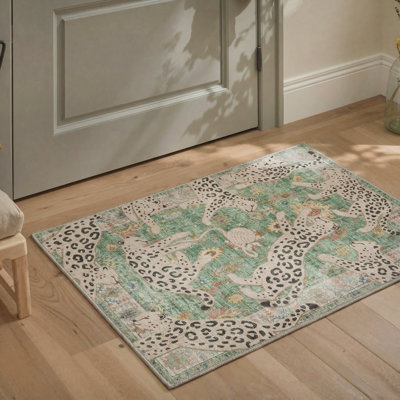 Allandale Lynx Animal Print Machine Washable Spotted Leopard / Sage 2' x 3' Doormat with Non-Slip Backing