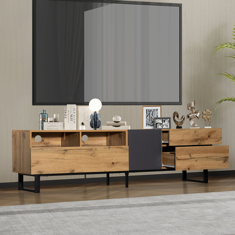 High-Gloss Tv Stand For 75" Tvs - Led App Control, 2 Drawers, 2 Cabinets, Soft-Close Doors, Natural Wood