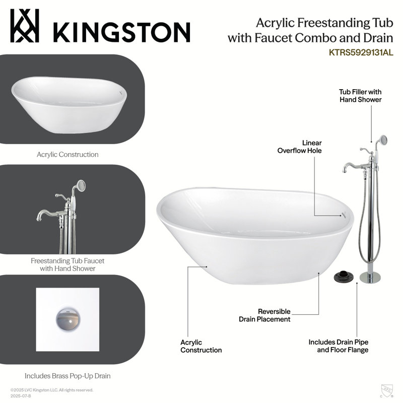 Kingston Brass Arcticstone 59-Inch Acrylic Oval Single Slipper Freestanding Tub With Faucet Combo And Drain