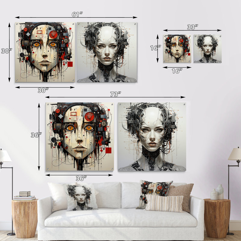 Robotic Minimalism Portrait - Robot Acrylic Wall Art Glass Set Of 2, 16" H x 33" W