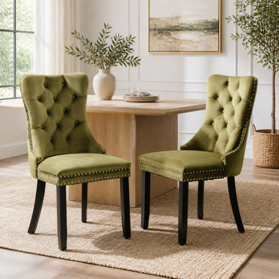 Set of 2 Olive Green Velvet Upholstered Tufted Nailhead-Trim Dining Chairs with Solid Wood Frame