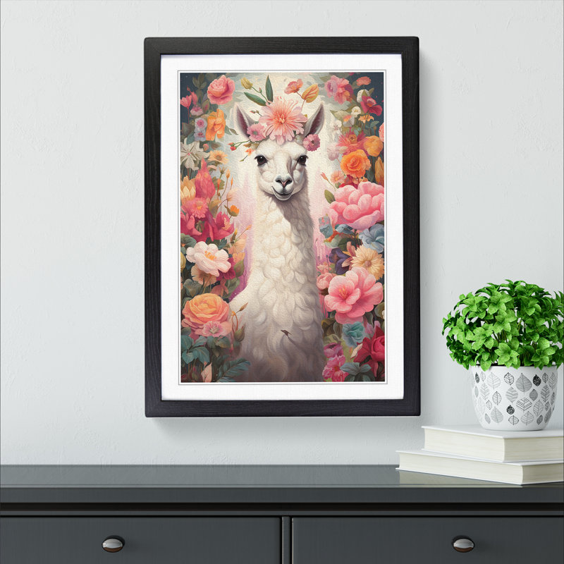 Llama Romanticism No.3 - Single Picture Frame Print on Wood, Black Framed, 46cm H x 34cm W x 2cm D