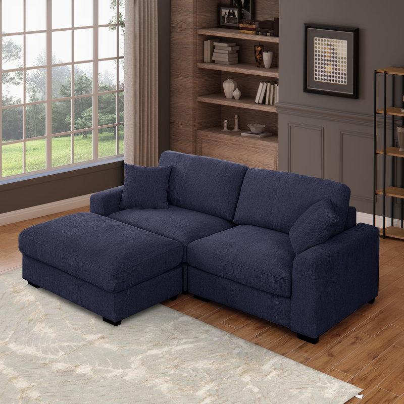 Modular Oversized Seat 91 in. Plush Chenille Loveseat Cloud Couch Sofa with Ottoman, Washable Cover, Blue Polyester