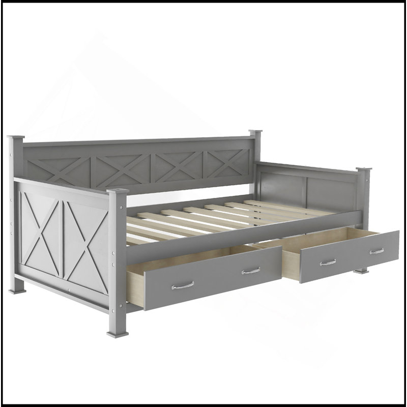 Lit de jour simple avec 2 grands tiroirs, structure en X, lit de jour de style décontracté moderne et rustique, gris