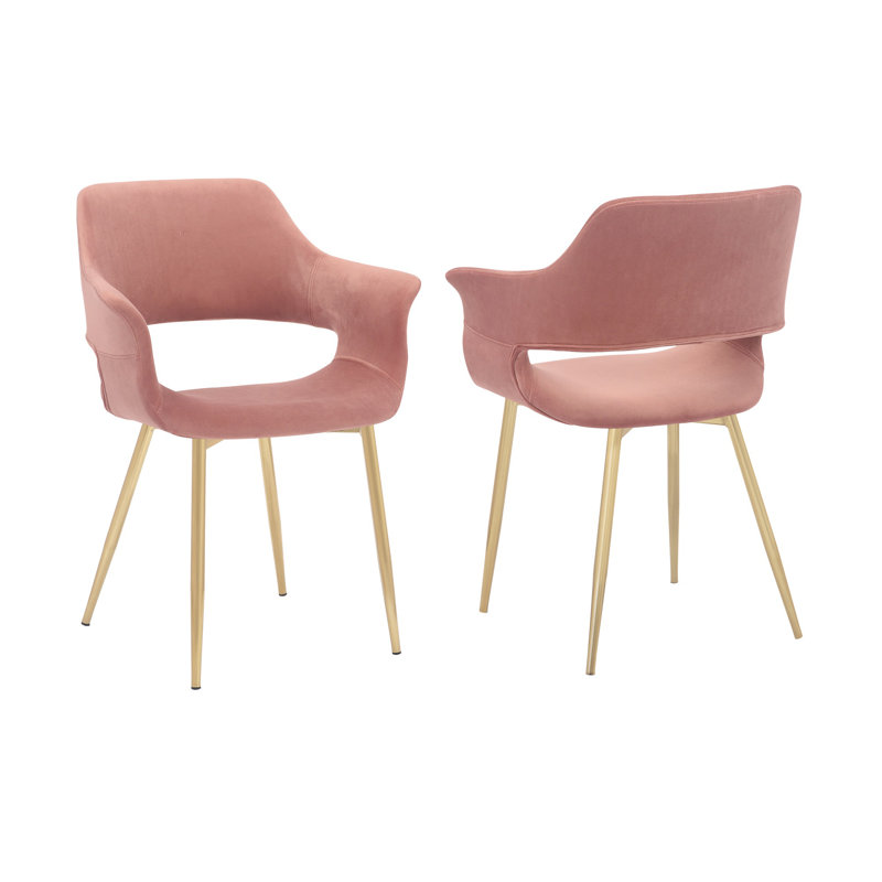 Ylva Dining Chairs with Arms and Open Back in Velvet with Gold Metal Legs, Pink