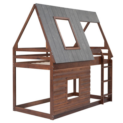 Rustic Wood Twin Bunk Bed with Roof, Ladder & Windows – Sturdy Pine Frame in Oak
