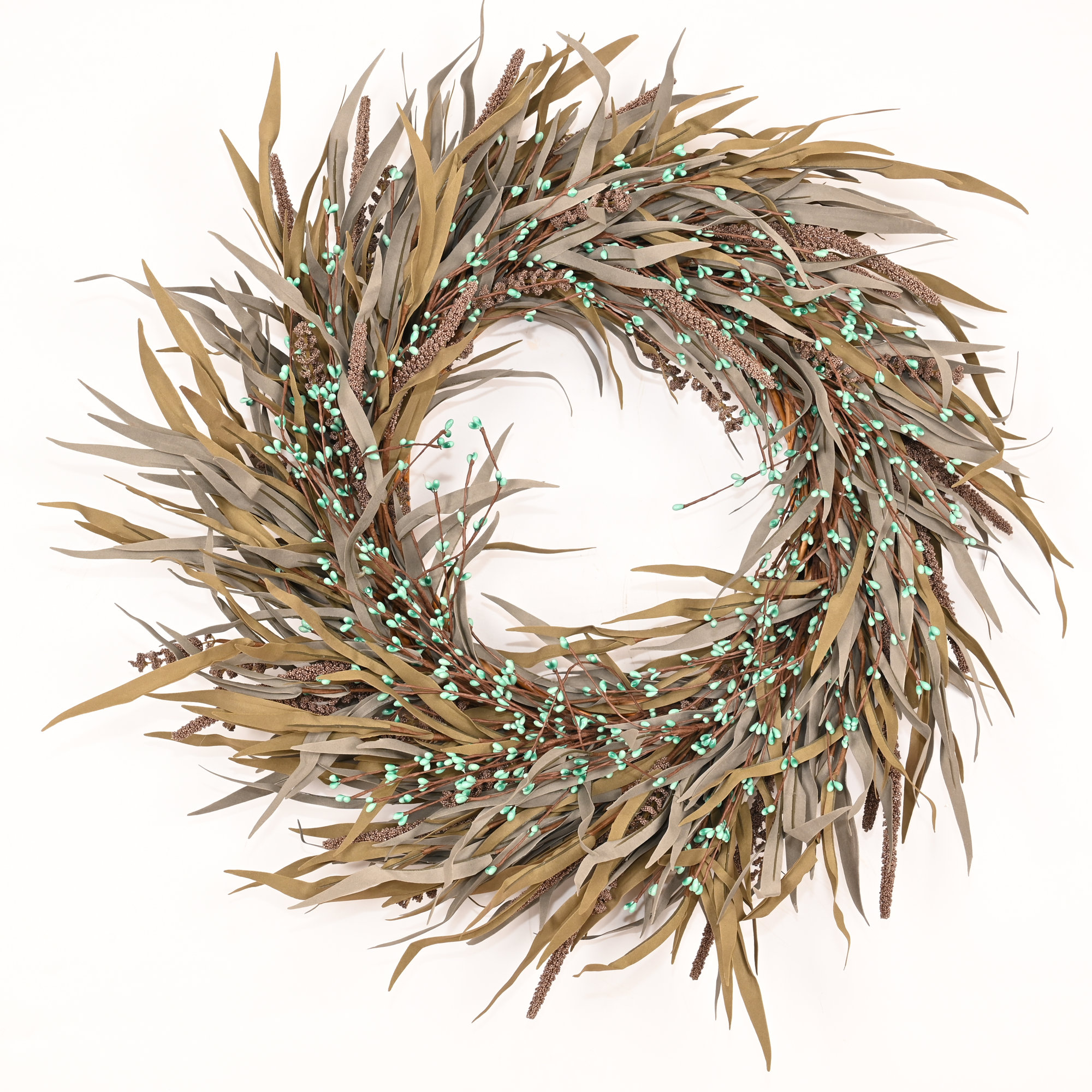 24" Artificial Farmhouse Harvest Thanksgiving Day Blossoms Cluster Grass Berry Fall Wreath For Front Door, Green