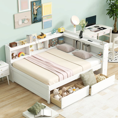 Full Size L-Shaped Bookcases Bed With Power Outlets, Usb Charging Ports,Two Drawers
