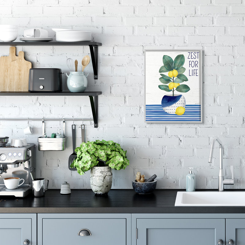 Zest for Life Lemon Plant Blue Stripes par Jennifer Pugh - impression, H 20 po x l 16 po, Estampe numérique Farmhouse