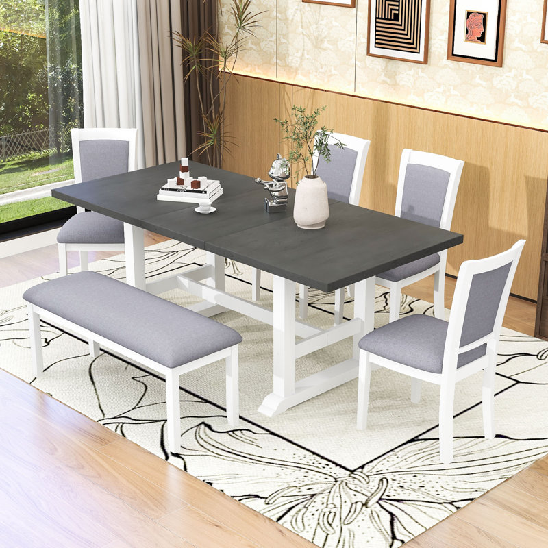 6Pcs Extendable Dining Set with Removable Leaf, Rectangular Table, 4 Upholstered Chairs and Bench, Gray/White