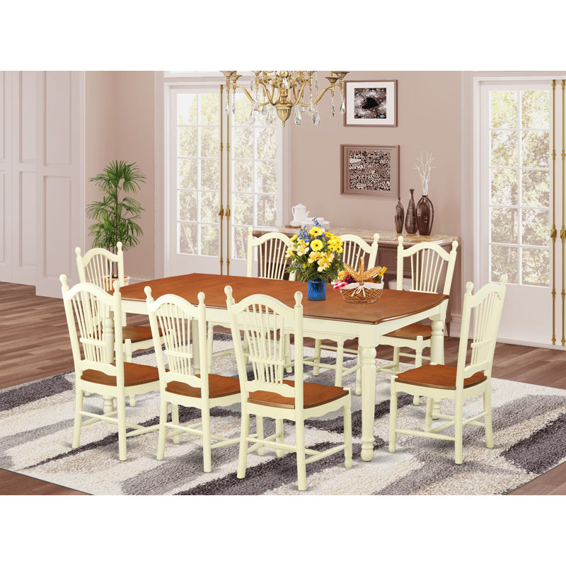 9 Piece Dining Room Table Set Includes a Rectangle Kitchen Table with Butterfly Leaf and 8 Dining Chairs, 42x78 Inch, Buttermilk & Cherry