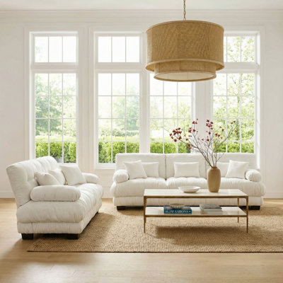 Robson 5-Person Soft Modern Deep Seating Chenille Upholstered Living Room Set With 3-Seater Sofa And Loveseat, Cloud Cushions, Bolster Armrests,Throw Pillows