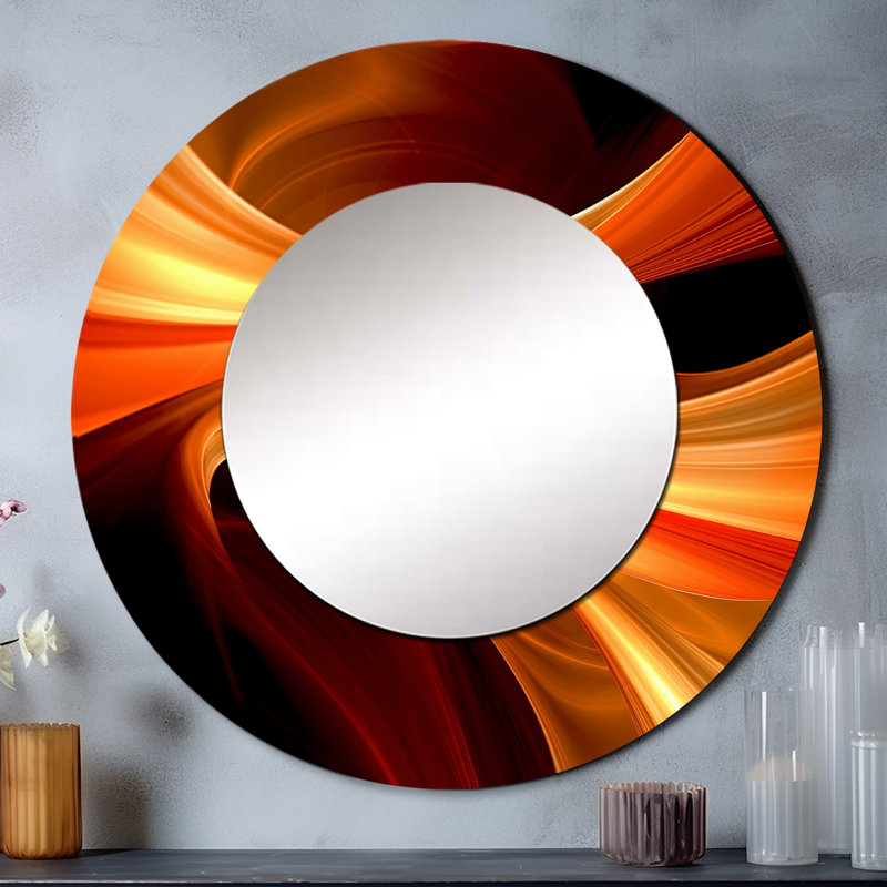 «Orange Abstract Warm Fractal Design I - miroir mural fractal, miroir décoratif rond moderne, impression d'art en métal