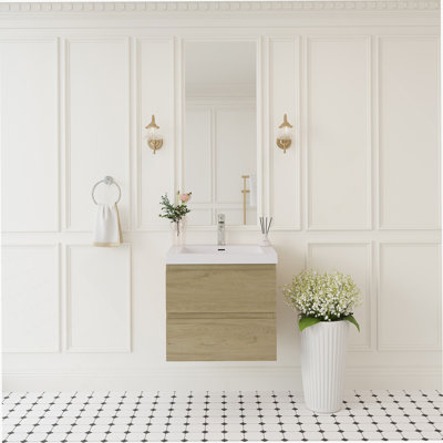 Meuble-lavabo flottant 24 po avec lavabo, armoire de rangement murale moderne, tiroirs à fermeture en douceur, cuve supérieure à surface solide, finition chêne naturel