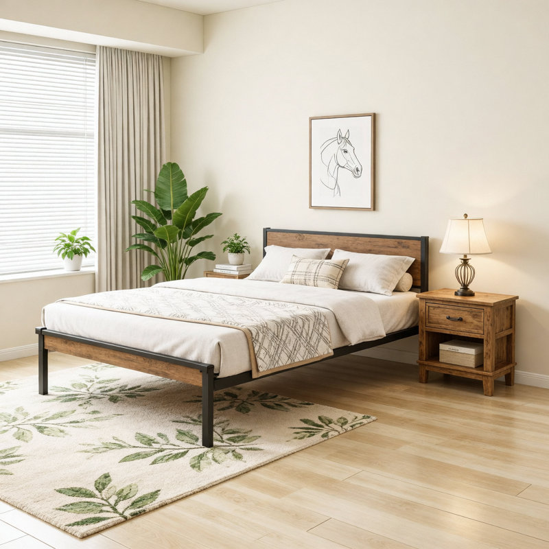 Structure de lit plateforme simple en métal avec tête de lit et pied de lit en bois avec doublure USB, lumières DEL, pas de sommier, grand rangement sous le lit, assemblage facile